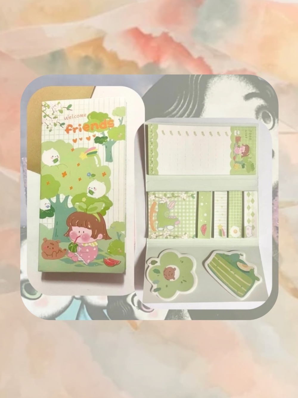 🎉 Welcome Friends kawaii green matcha sticky note booklet set stationery